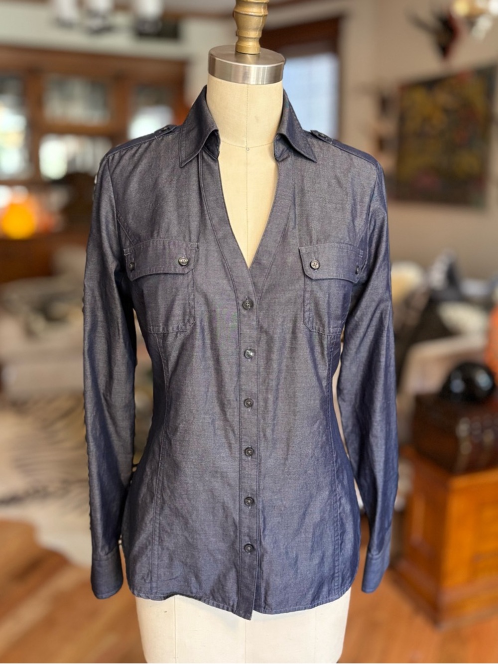 Express Women’s Navy Lightweight Denim Button-Down Fitted Shirt